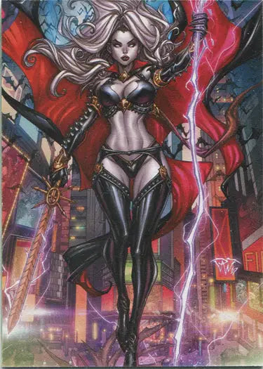 Female warrior in dark armor with sword and red cape in Lady Death Goddess artwork