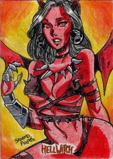 Stylized red-skinned female demon with wings in Lady Death Hellwitch Sammo Filipo sketch card