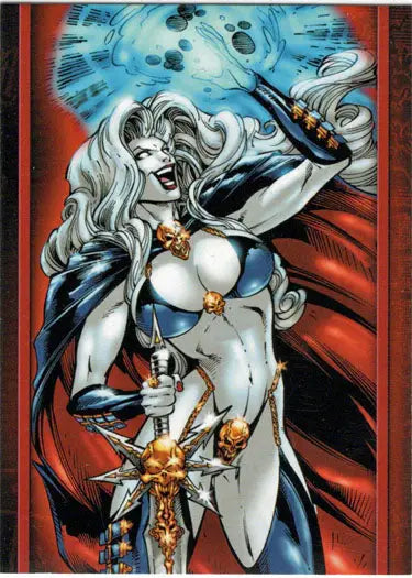Fantastical female warrior with white hair in ornate armor from Lady Death Series 2