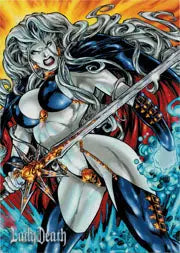 Stylized comic book illustration of a fierce female warrior on a Lady Death promo card