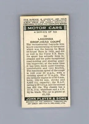 Lagonda Drop-Head Coupé - 1936 Player’s Motor Cars A Series - #24a - Excellent - Non-Sports Card Single