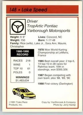 Lake Speed - 1991 Traks - #148 - Racing - Racing Card Single