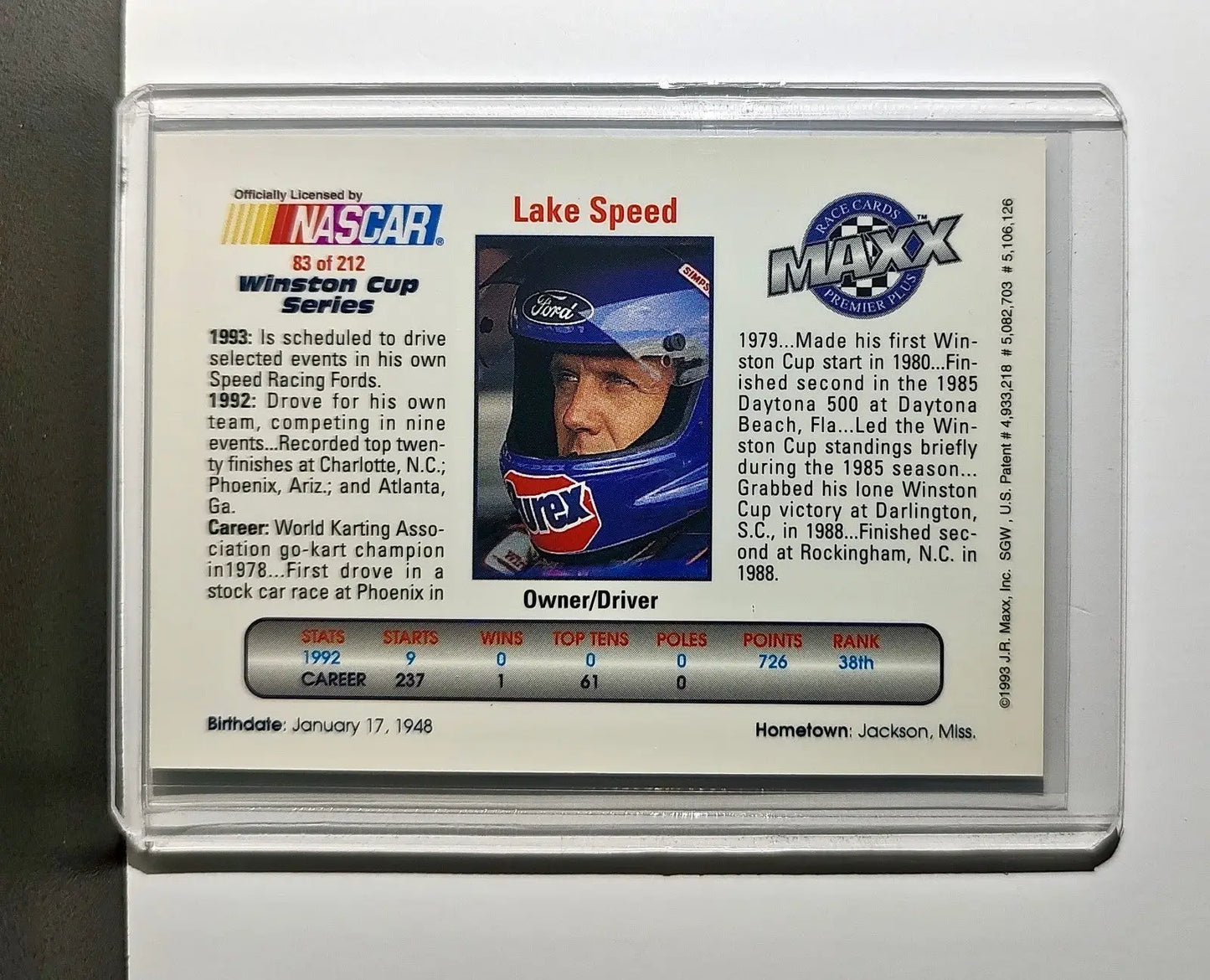 Lake Speed 1993 Maxx Premier Plus Racing #83 NASCAR Card Lake Speed Racing - Racing Card Single