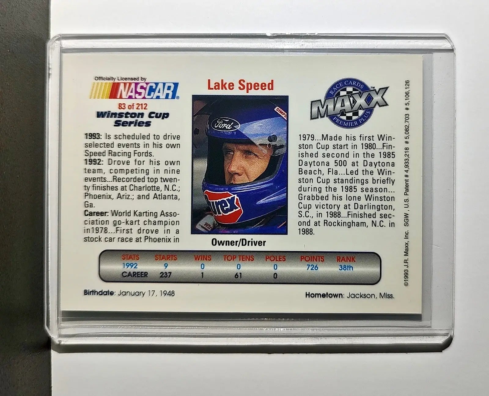 Lake Speed 1993 Maxx Premier Plus Racing #83 NASCAR Card Lake Speed Racing - Racing Card Single