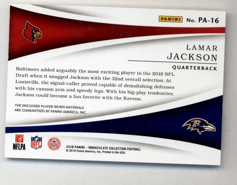 Lamar Jackson 2018 Immaculate Collection Past and Present Relic 3/5 - Football Card Single