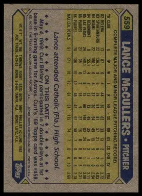Lance McCullers 1987 Topps #559 San Diego Padres - Baseball Card Single