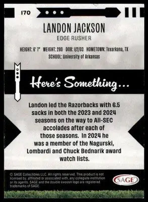 Landon Jackson 2025 SAGE HIT #170 Arkansas Razorbacks