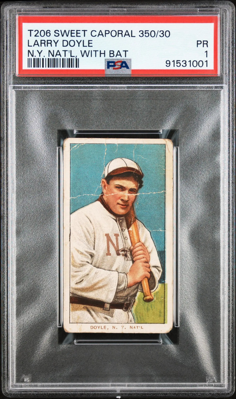 PSA-graded T206 Sweet Caporal card of Larry Doyle holding a bat in white uniform