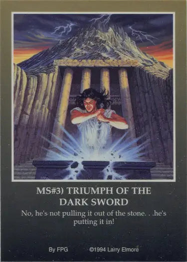 Fantasy illustration of a figure with a glowing sword before a temple in Metallic Storm Chase