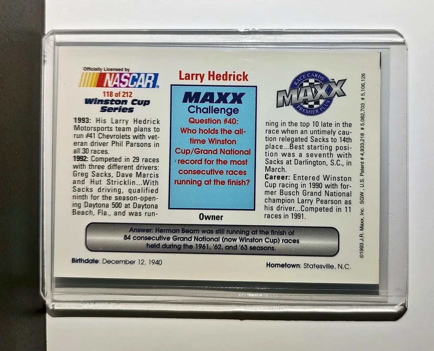 Larry Hedrick 1993 Maxx Premier Plus Racing #118 NASCAR Card Larry Hedrick - Racing Card Single