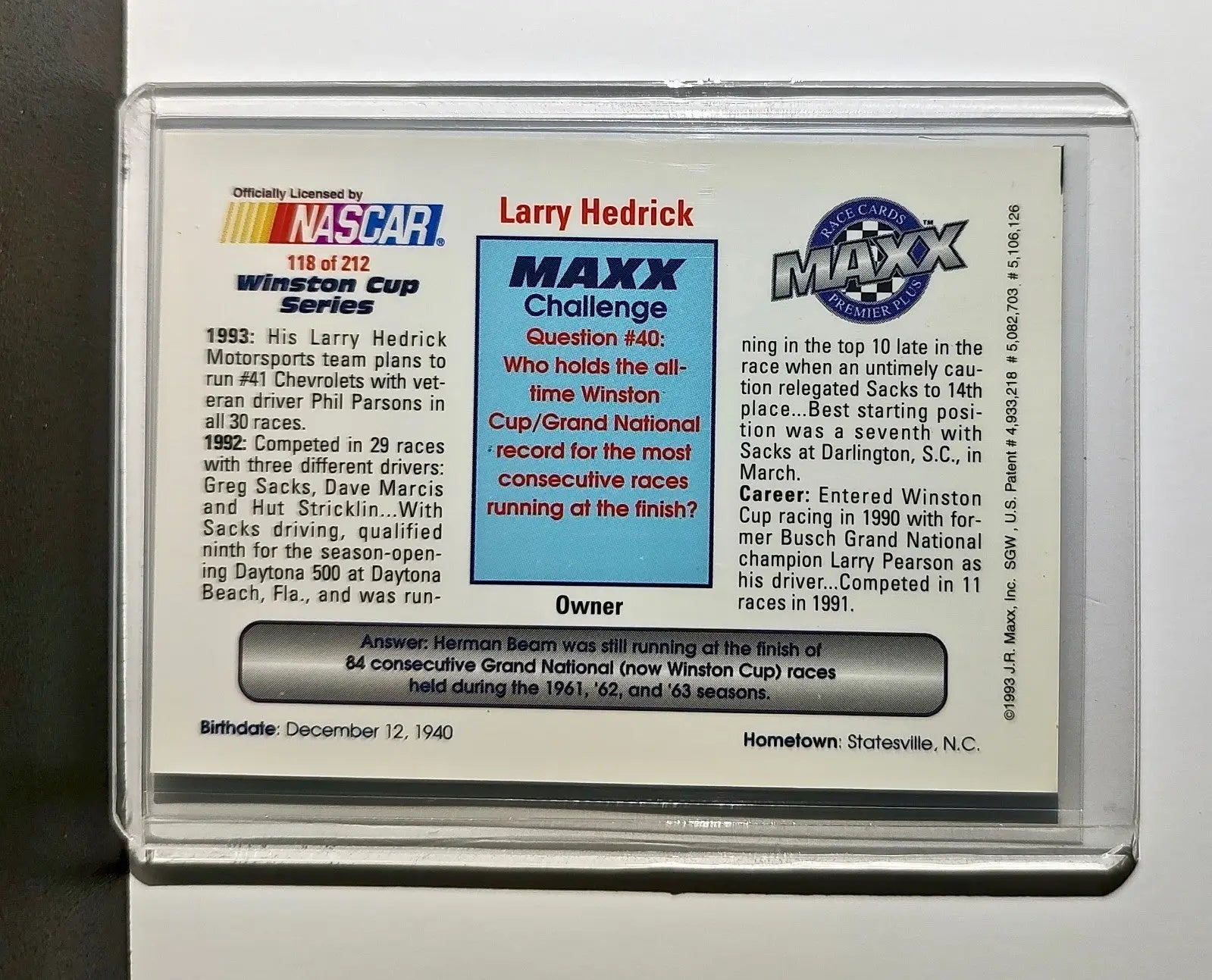 Larry Hedrick 1993 Maxx Premier Plus Racing #118 NASCAR Card Larry Hedrick - Racing Card Single
