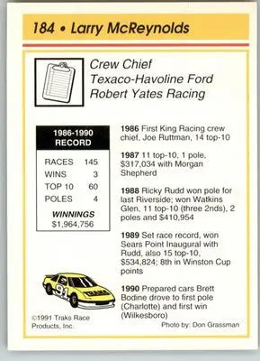 Larry McReynolds - 1991 Traks - #184 - Racing - Racing Card Single