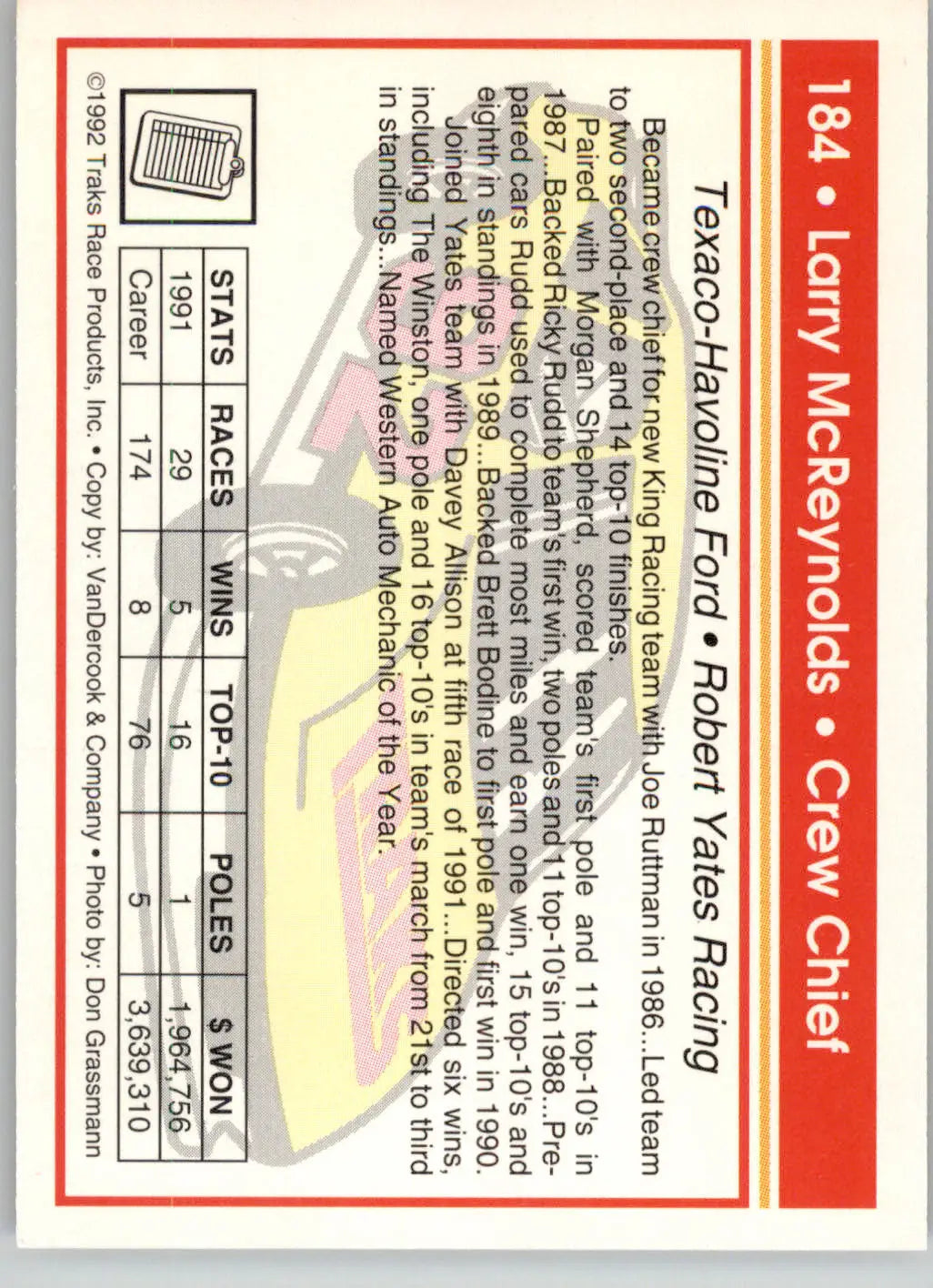 Larry McReynolds - 1992 Traks - #184 - Racing - Racing Card Single