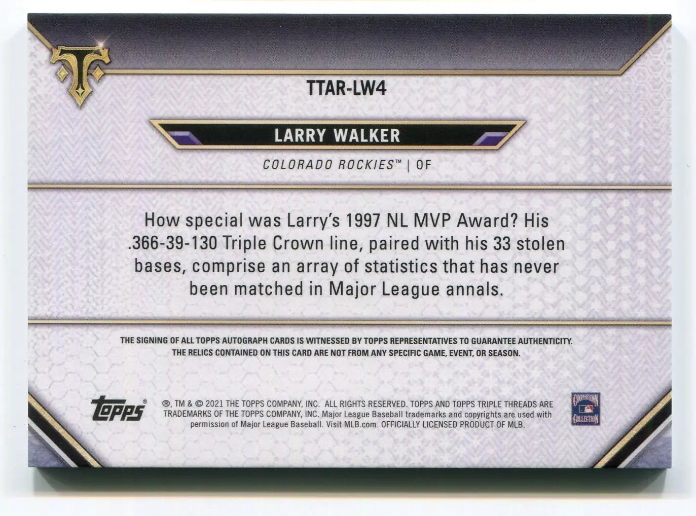 Larry Walker 2021 Topps Triple Threads #TTAR-LW4 Colorado Rockies HOF Auto #3/3 - Baseball Card Single