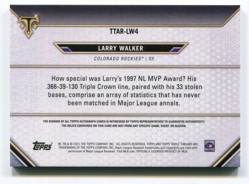 Larry Walker 2021 Topps Triple Threads #TTAR-LW4 Colorado Rockies HOF Auto #3/3 - Baseball Card Single