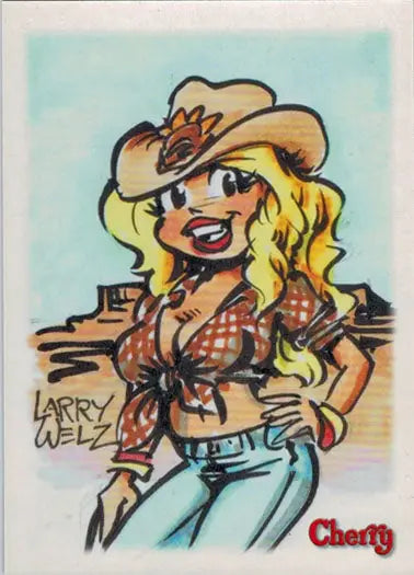 Cartoon of a smiling blonde cowgirl in Western attire for a super rare promo card