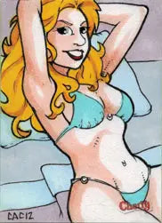 Cartoon-style illustration of a blonde woman in a blue bikini on Chad Cicconi sketch card