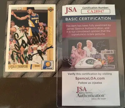 Autographed LaSalle Thompson basketball card with JSA certification, 1991-92 Upper Deck Indiana Pacers