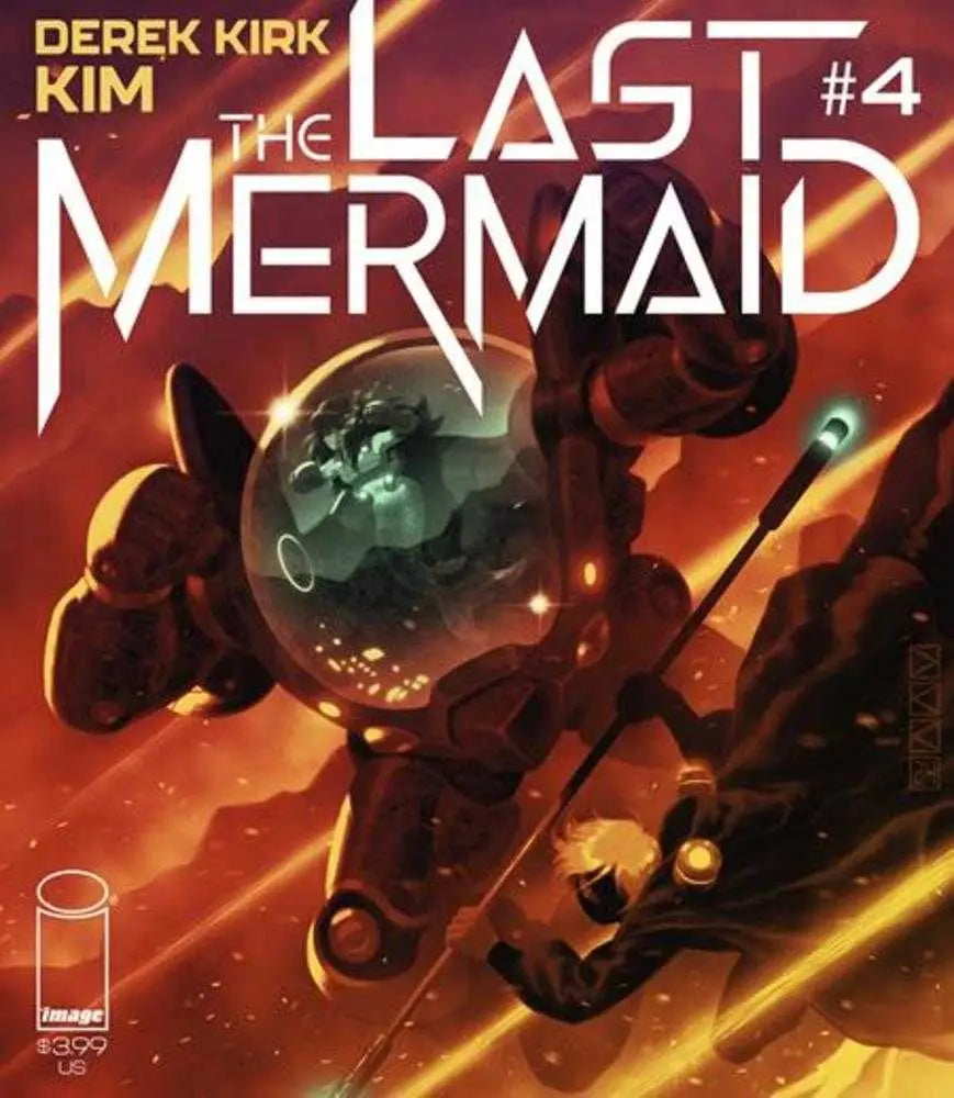 Comic book cover for Last Mermaid #4 showcasing an underwater suit in a vivid red scene