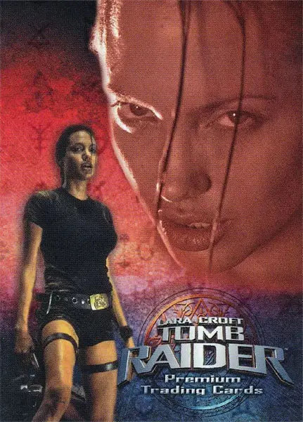 Movie poster for Tomb Raider on Laura Croft Promo Card with action scene and red background