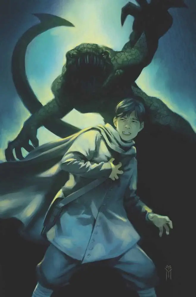 Menacing dragon creature looms over person in Lawful #1 trading cards artwork
