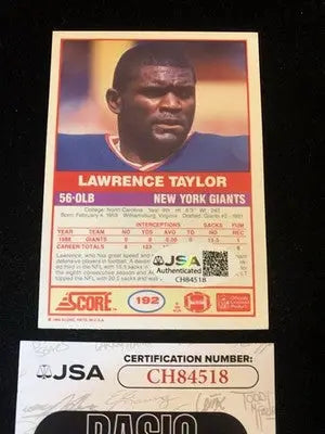 Lawrence Taylor 1989 SCORE #192 SIGNED CARD AUTOGRAPH JSA Auto NY Giants - Football Card Single