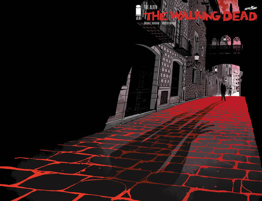 Dark cobblestone street with red light, themed for Walking Dead trading cards