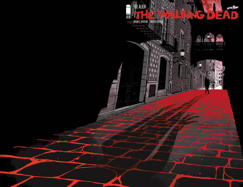 Dark cobblestone street with red light, themed for Walking Dead trading cards