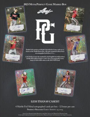 Promotional flyer for 2023 Metal Perfect Game Marble Foil Baseball Cards in Leaf Box