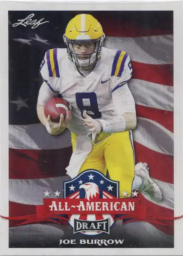 LSU quarterback Joe Burrow trading card in white and yellow uniform with American flag
