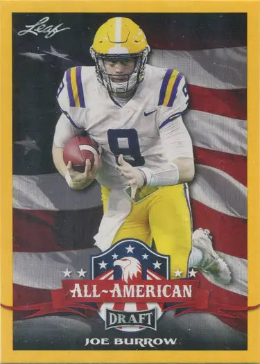 Joe Burrow in white and yellow uniform holding football on Leaf Draft Football base card