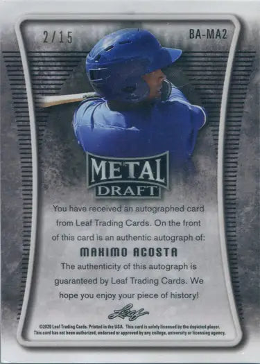 Baseball trading card of Maximo Acosta in blue uniform from Leaf Metal Draft Black Rainbow