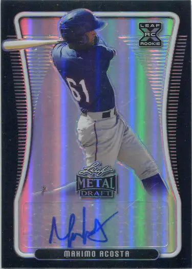 Baseball trading card of Maxino Acosta in blue uniform with holographic black rainbow effect