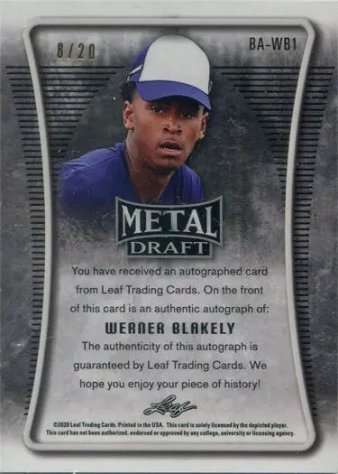 Baseball trading card of Werner Blakely in blue uniform, featuring Mojo Blue Auto