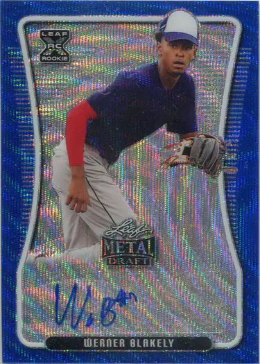 Mojo Blue trading card of Werner Blakely in fielding stance for Leaf Metal Draft 2020