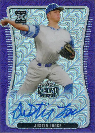 Justin Lange Purple Mojo Auto Card BA-JL1 with pitcher in mid-throw and holographic background