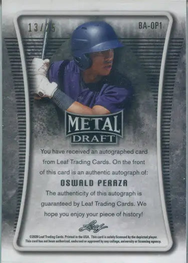 Baseball trading card of Oswald Peraza in blue uniform, featuring Purple Rainbow autograph