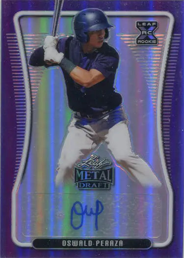 Baseball trading card of Oswald Peraza in batting stance, featuring Purple Rainbow design