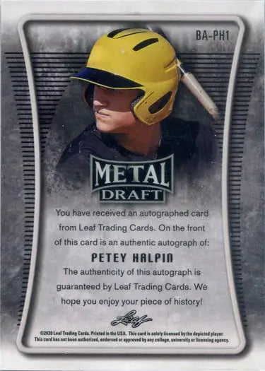Baseball trading card of Petey Halpin in a yellow helmet, silver wave autograph card