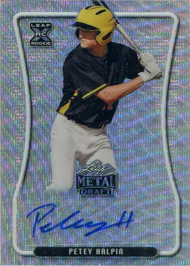 Baseball trading card of Petey Halpin with silver wave autograph in batting stance