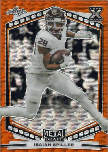 Football trading card of Isaiah Spiller in white uniform, Orange Wave Parallel design