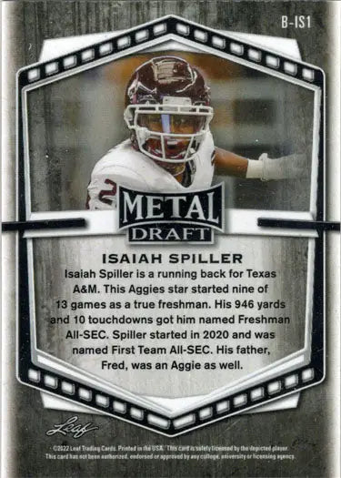 Football trading card of Isaiah Spiller in white helmet, showcasing Orange Wave Parallel design