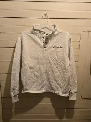 League Sweatshirt Mens L Quinnipiac Pullover Snap Mock Neck White Fleece - Apparel