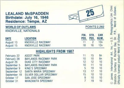 Lealand McSpadden - 1987 World of Outlaws - #25 - Racing - Racing Card Single