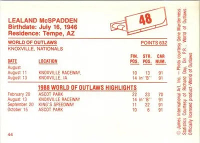 Lealand McSpadden - 1988 World of Outlaws - #48 - Racing - Racing Card Single