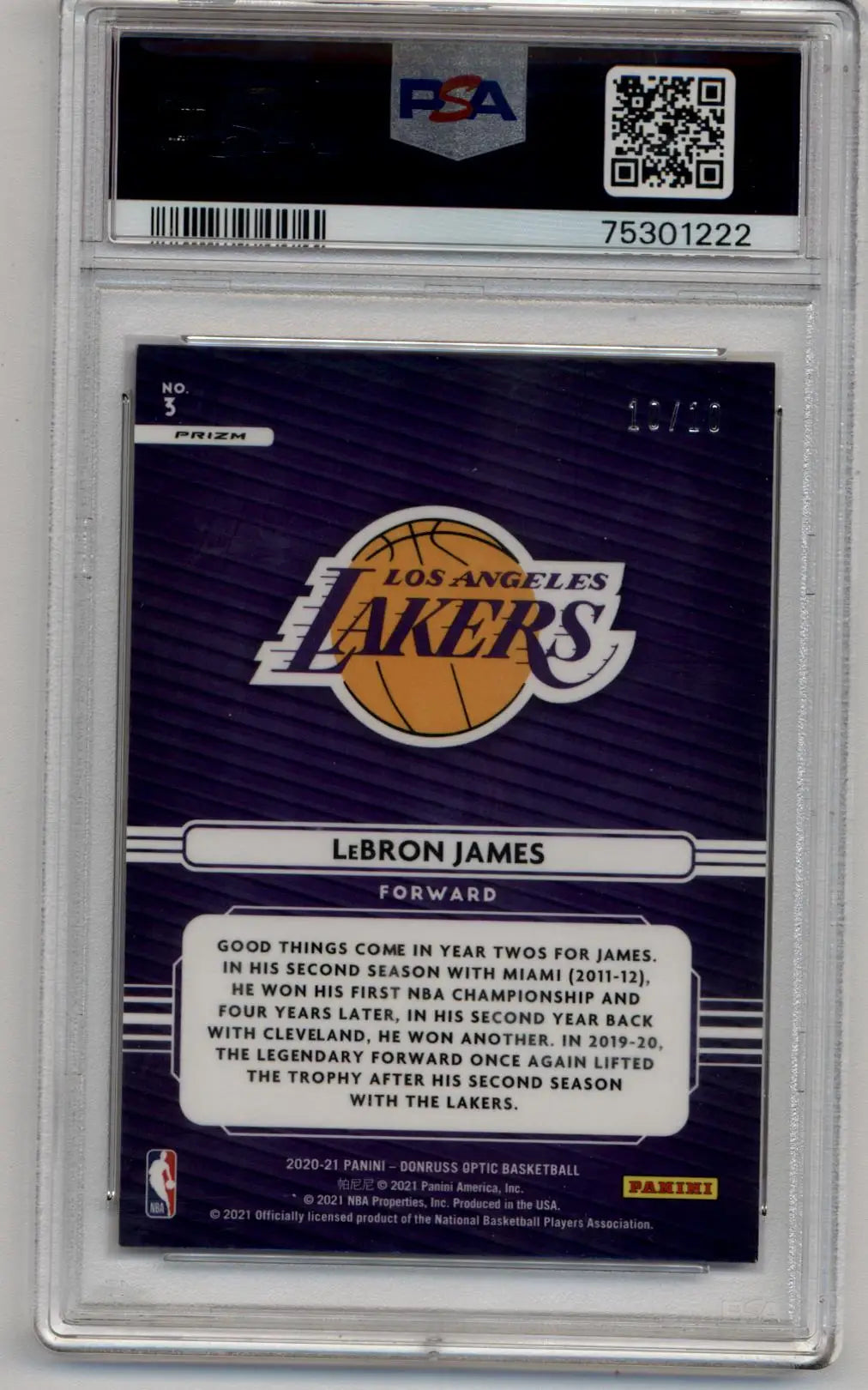LeBron James 2020-21 Optic Elite Dominators Gold 10/10 PSA 9 Mint - Basketball Card Single