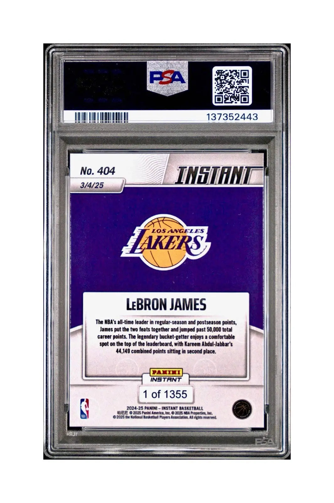 Lebron James 2024 Panini Instant #404 Milestone Moment PSA 10 Gem Mint