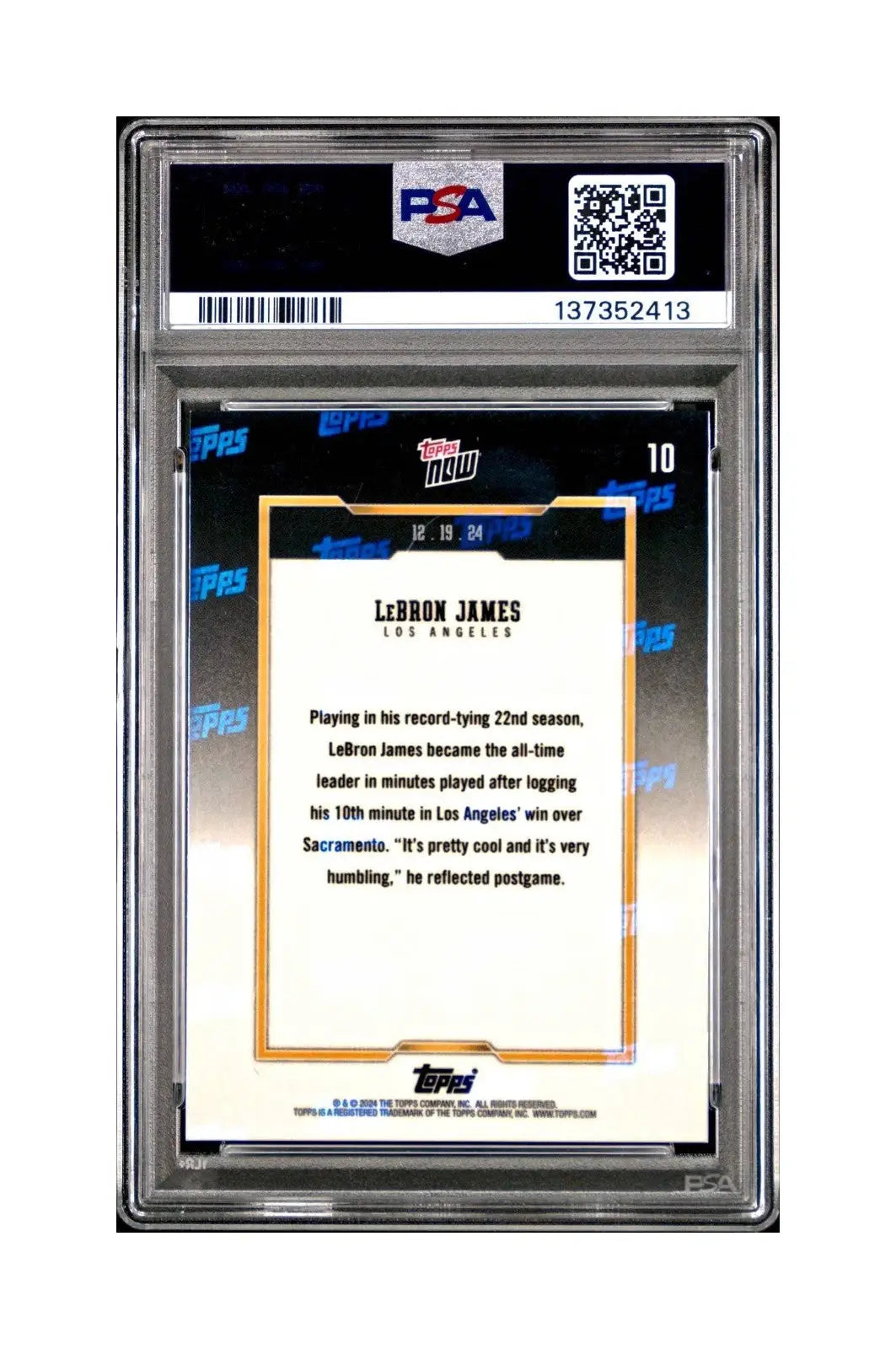 LeBron James 2024 Topps Now #10 All-Time Leader Minutes Played Blue 63/75 PSA 9
