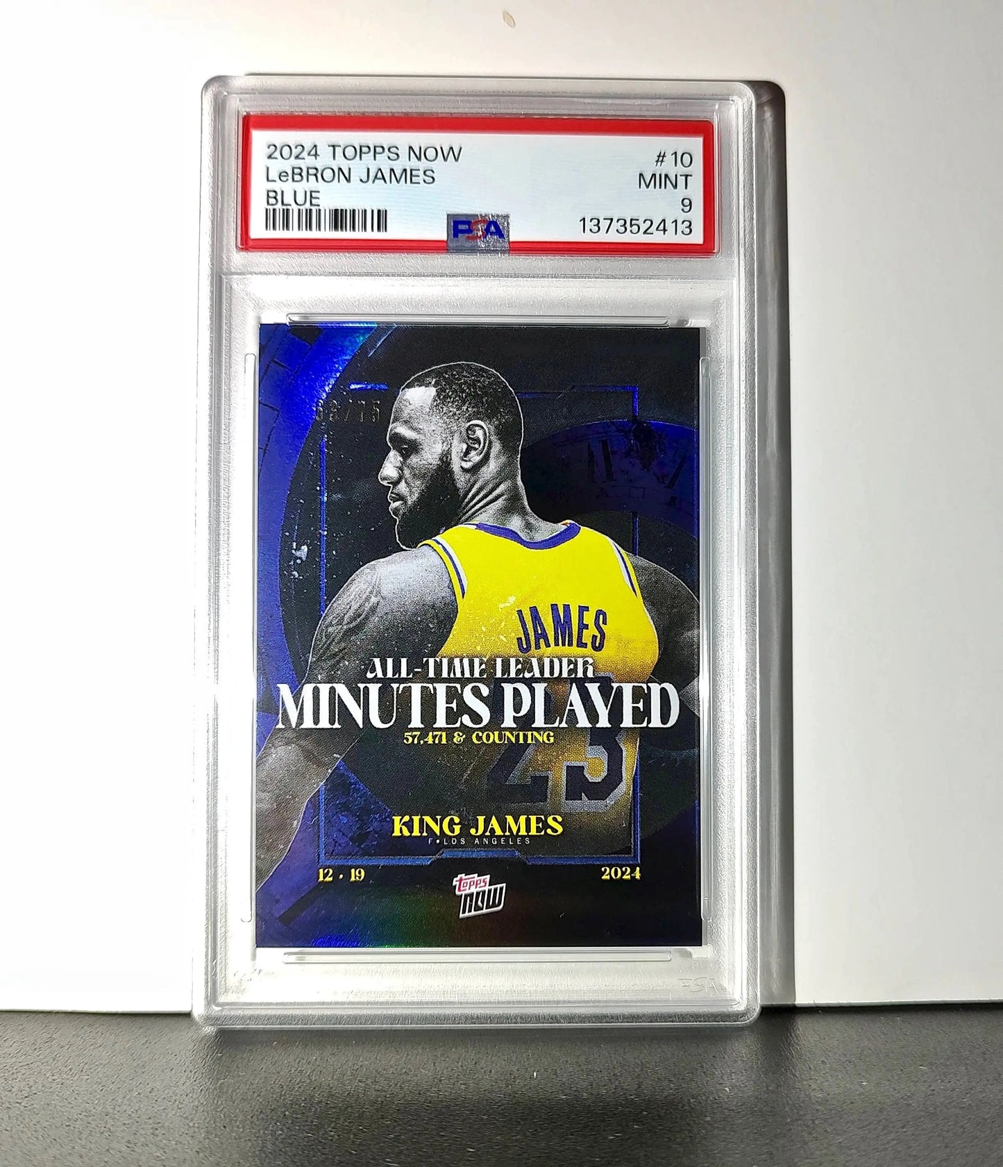 LeBron James 2024 Topps Now #10 All-Time Leader Minutes Played Blue 63/75 PSA 9