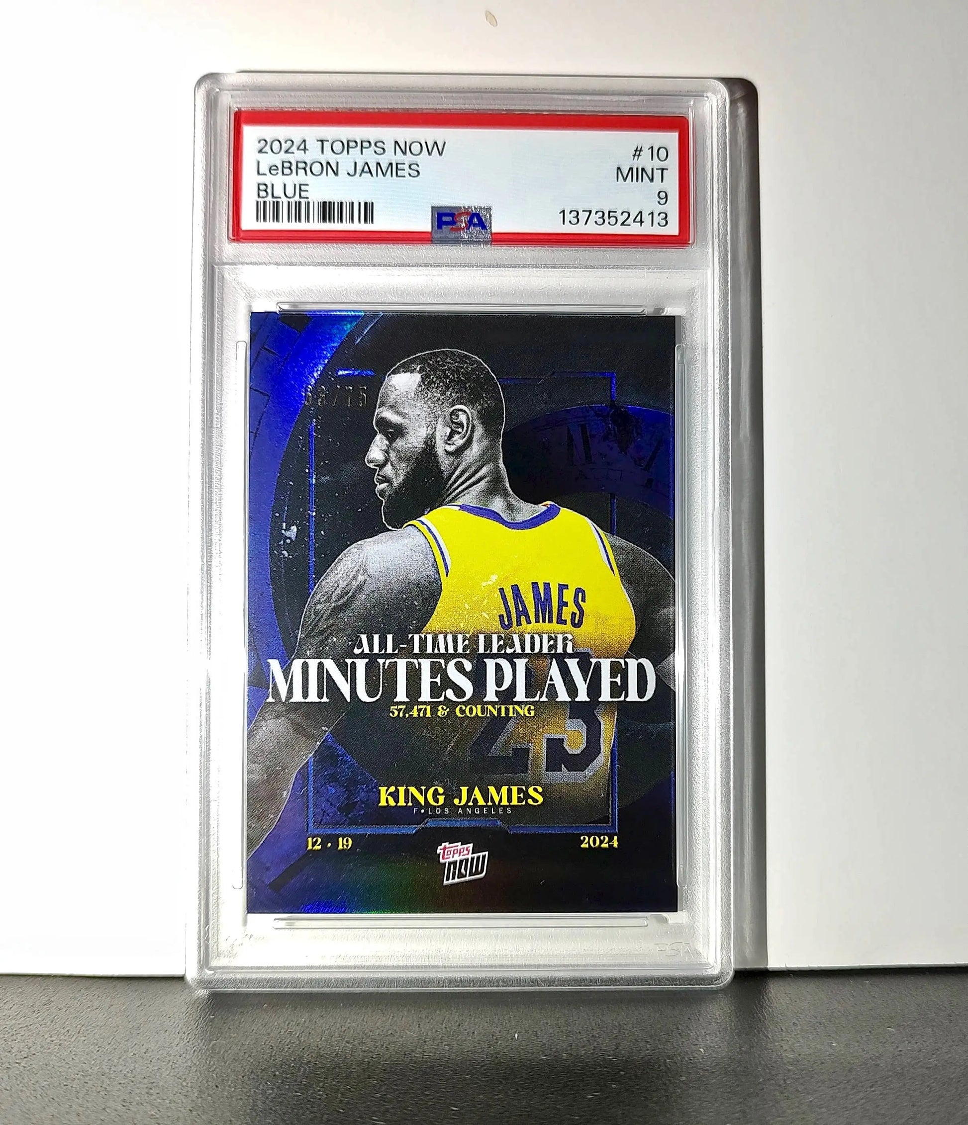 LeBron James 2024 Topps Now #10 All-Time Leader Minutes Played Blue 63/75 PSA 9
